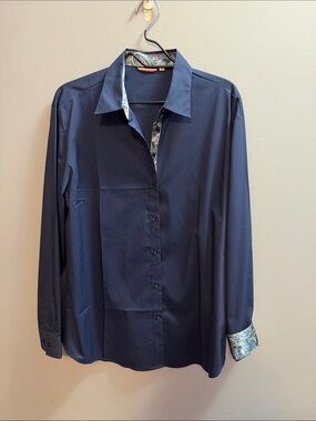 Women's Navy Button-Down Shirt with Paisley Trim